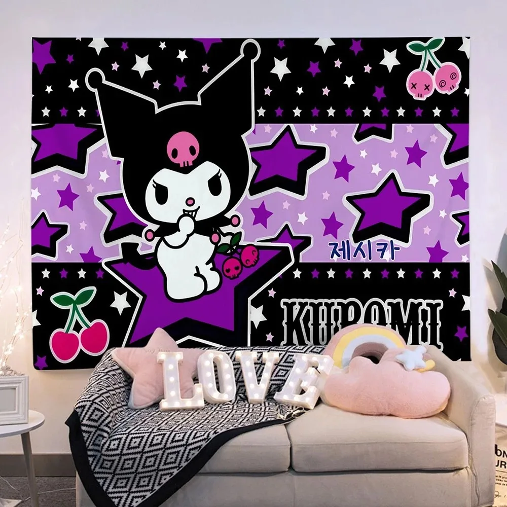 Niedlicher Sanrio Kuromi Kawaii Anime Mädchen bedruckter Wandteppich Wandbehang niedlicher Cartoon-Stil Hintergrund Heimdekoration Image