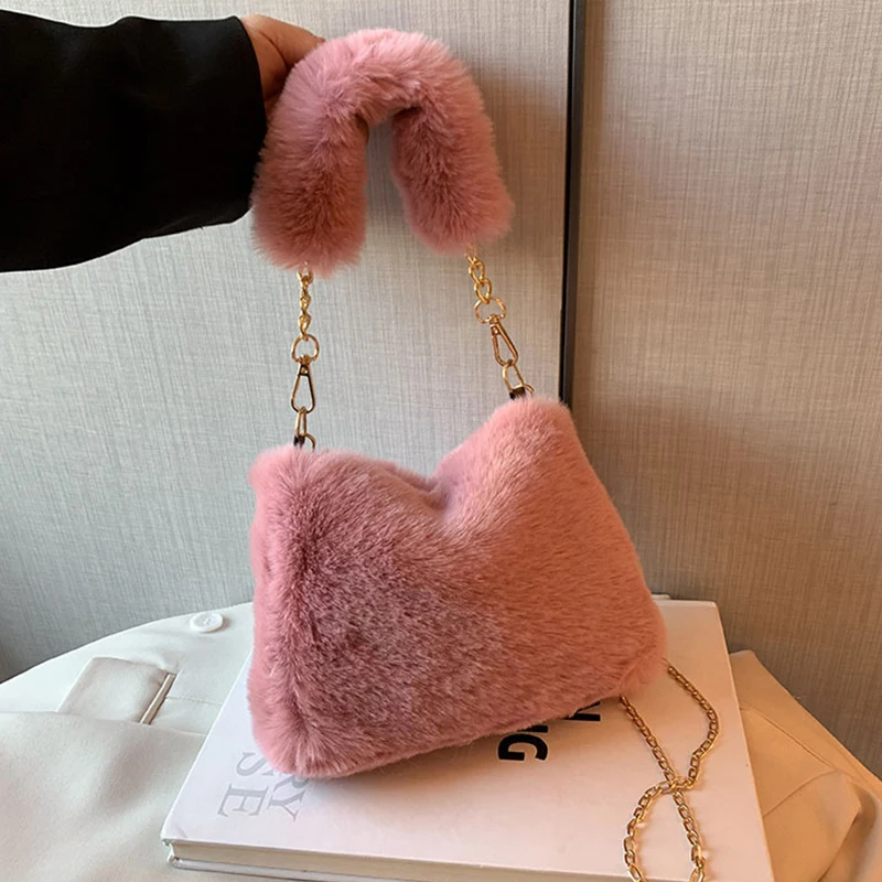 Einfache Kunstfell-Tragetasche, Beuteltasche, Metallkette, Umhängetasche für Damen, täglich, lässig, Plüschtasche, pelzige Geldbörse Image
