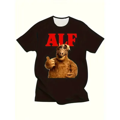Men's Plus Size Alf TV Show Vintage Tee - Oversized Bigfoot-like Alien Graphic Shirt with Red 'ALF' Letters & Thumbs Up, White