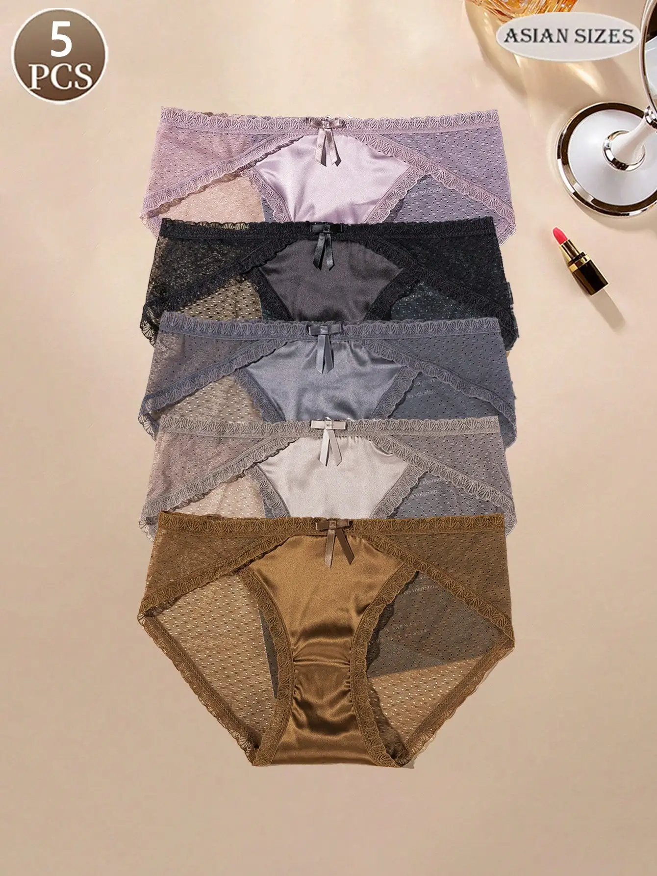 5PCS sexy Spitzenhöschen Schleife halbtransparente Slips Omenunterwäsche bequem und nahtlos Mid Wa ist Damen-Dreieckshose Image