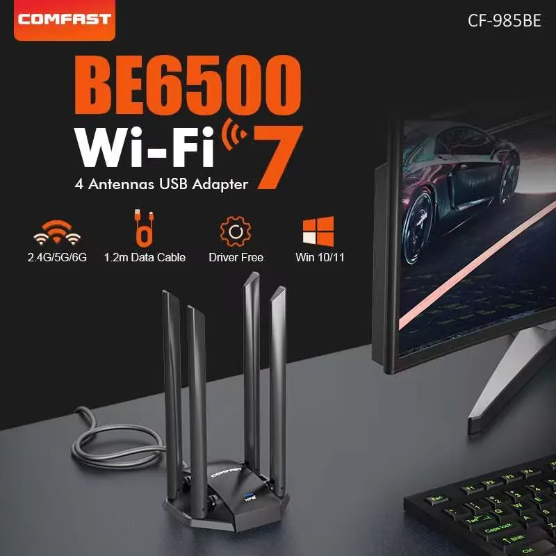 COMFAST WIFI7 6500Mbps USB WLAN-Adapter WIFI6 5400Mbps 4 Antennen Drahtlose Netzwerkkarte WLAN-Antenne PC Win 10/11 Treiberlos Image