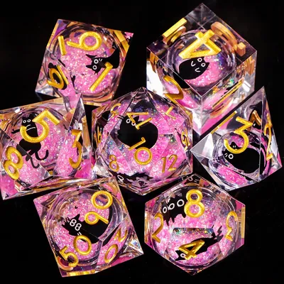 Liquid Core Cat Resin Dice Set for DND, Aesthetic Metal Color Flow Sand Dice for RPG Tabletop Gaming, 7PCS Collectible Gift