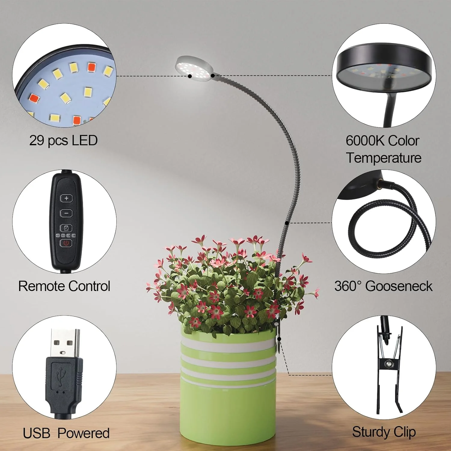 USB LED Pflanzenlampe 6000K Vollspektrum Topfpflanzenleuchte 5V Schwanenhals-Clip-Pflanzenlampe mit dimmbarer Auto-Ein/Aus-Funktion 4/8/12/18 Stunden