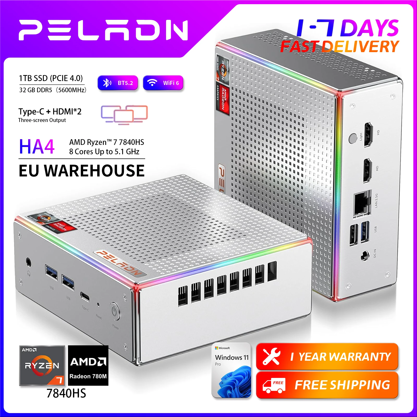 PELADN HA-4 Gaming-Mini-PC AMD Ryzen 7 7840HS (8C/16T, bis zu 5,1 GHz) 32 GB DDR5 1 TB SSD Triple-Display WiFi 6 Desktop-PC RGB-Licht Image
