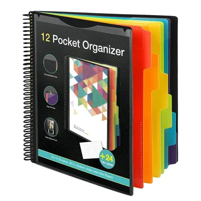 12 pocket project organizer, spiral binder organizer, multi-pocket binder with dividers, back cover utility pocket