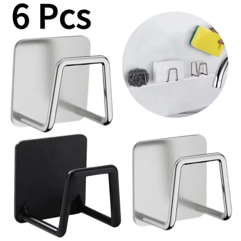 Multifunctional Kitchen Stainless Steel Sink Sponges Holder Self Adhesive Drain Drying Rack Kitchen Wall Hooks Accessories