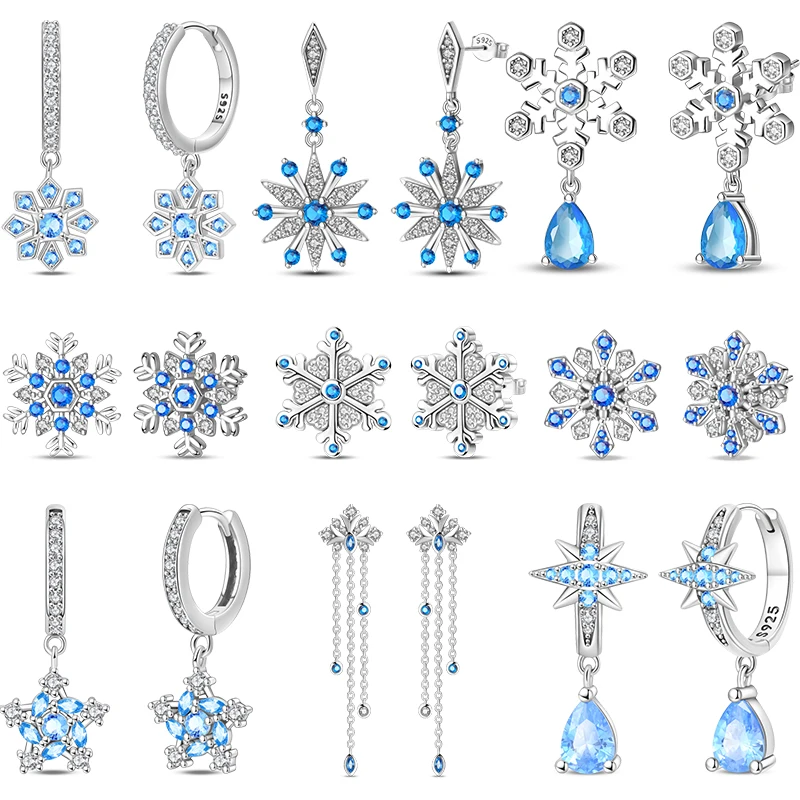 Ohrringe aus 925er-Sterlingsilber, Winter-Schneeflocken-Ohrstecker, blau, glänzend, Zirkon-Ohrringe für Frauen, exquisiter Verlobungsschmuck Image