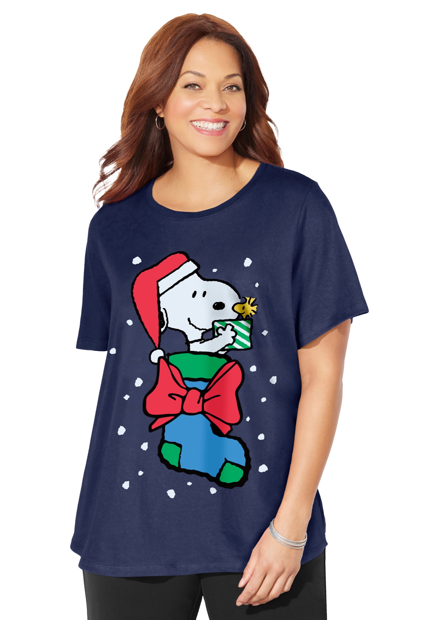 Plus Size Women's Peanuts Snoopy Stocking Christmas Tee by Peanuts in Navy Snoopy Stocking (Size 1X)