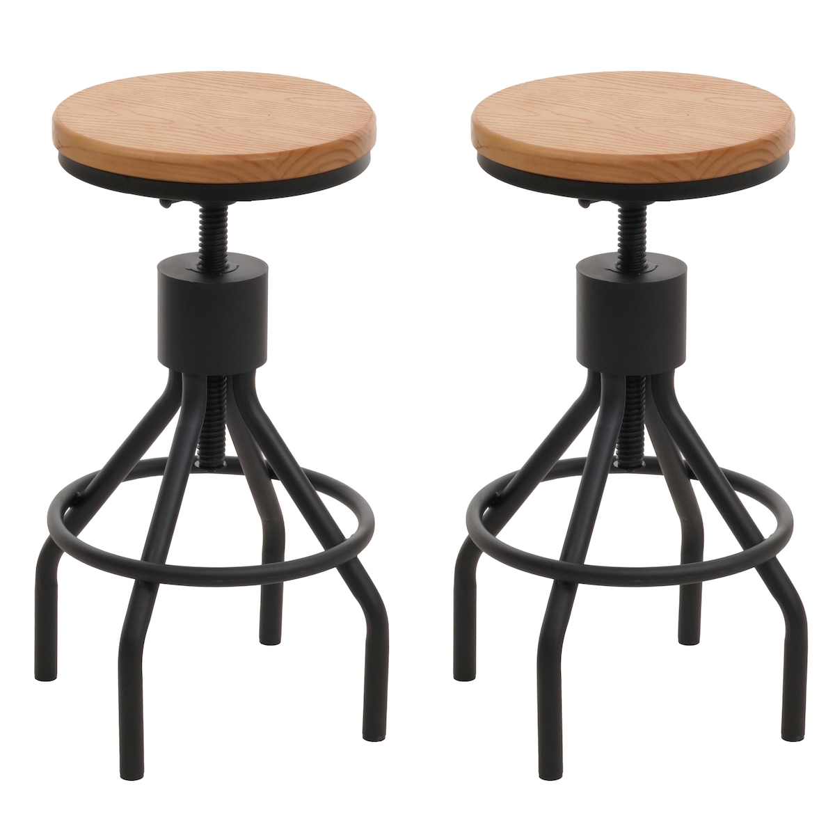 Proregal 2er-Set Barhocker | Sitzhöhe 59-80cm | höhenverstellbar drehbar Fußablage Industrial Metall Massiv-Holz | Natur | Barstuhl Image