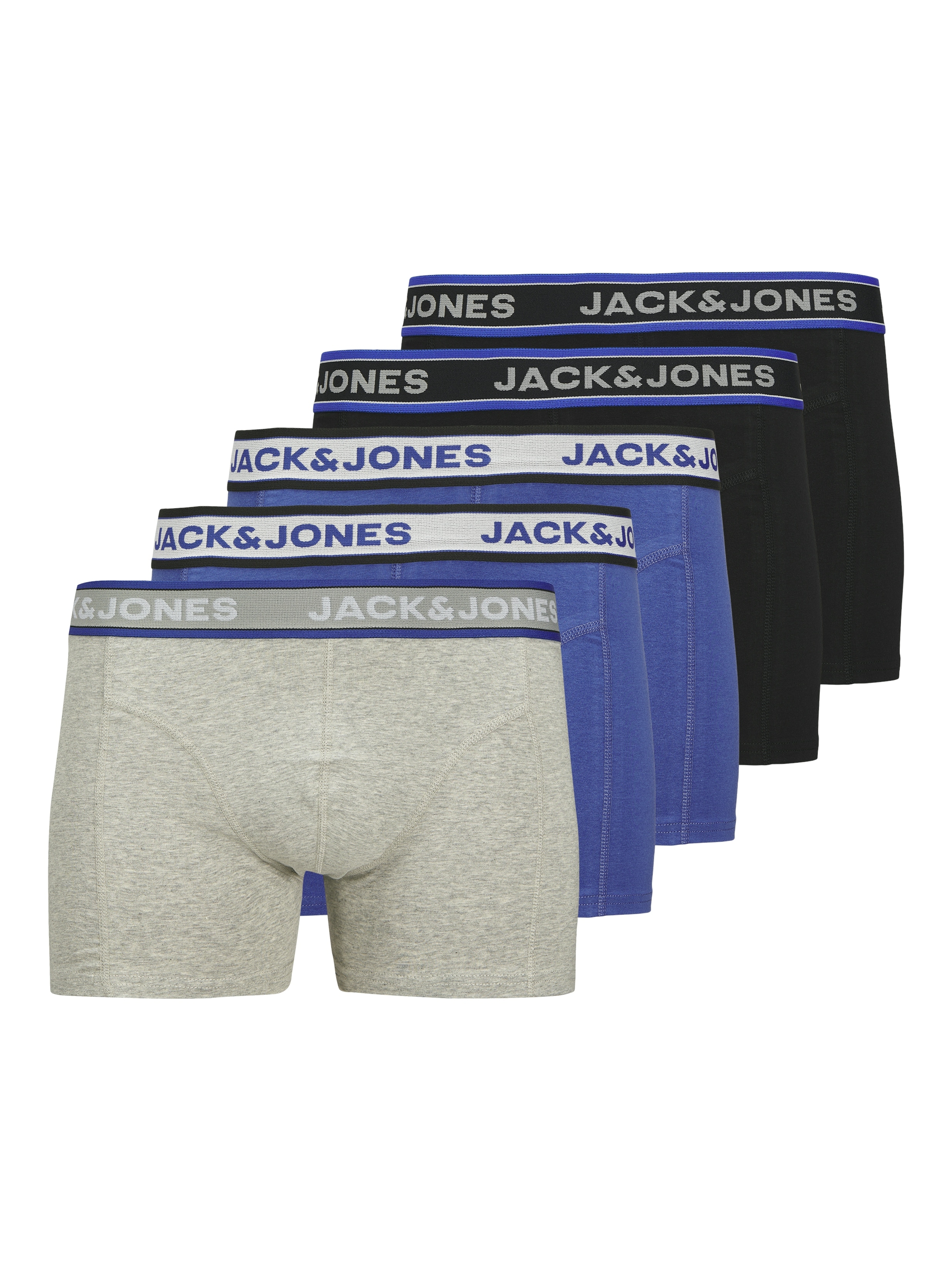 Trunk JACK & JONES JUNIOR "JACCHRISTIAN SOLID TRUNKS 5 PACK JNR", Kinder, Gr. 164, schwarz (schwarz pack:light grau melange, dazzling blau), Jersey, Obermaterial: 95% Baumwolle, 5% Elasthan, meliert, bequem, Unterhosen Image