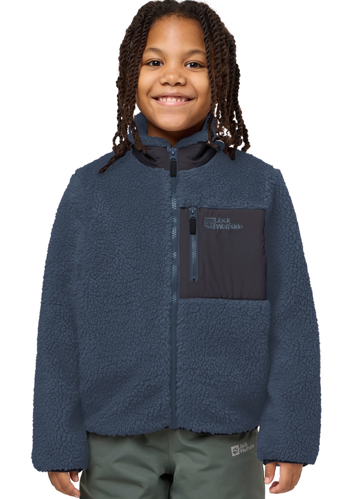 Fleecejacke JACK WOLFSKIN "ICE CURL JACKET K", Kinder, Gr. 176, midnight sky, Fleece, Obermaterial: 100% Polyester, normal, eingefasste Kante mit Gummizug, Jacken, Wärmend, winddicht, Übergangsjacke für Kinder Image
