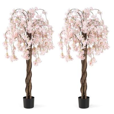 Costway 5.5 FT Tall Artificial Cherry Blossom Tree with Pink/White Flowers 2 Pack-White