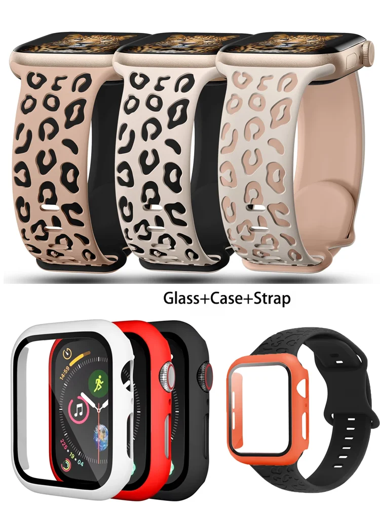Glas + Gehäuse + Armband für Apple Watch Band 45 mm 44 mm 41 mm 40 mm Gravierter Leopardengürtel für Apple IWatch Serie 10 8 7 6 SE 5 46 mm 42 mm Image