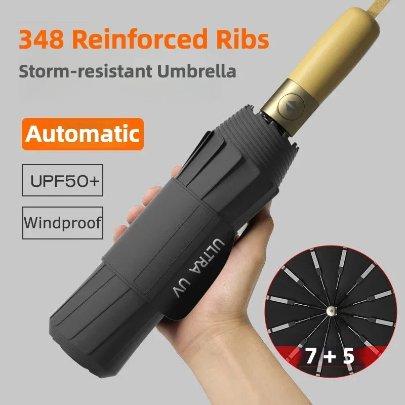 Sturmfester, winddichter, zusammenklappbarer automatischer Regenschirm, verstärkte 348 Rippen, Sonne UV UPF 50+ Schutz Regenschirme für Männer und Frauen Image