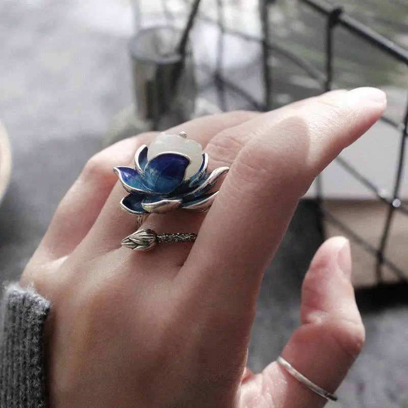 Natürliche Hetian Jade Emaille Porzellan Lotus Baldachin Offener Ring Chinesischer Retro Designer Stil Original Design Silberschmuck Image