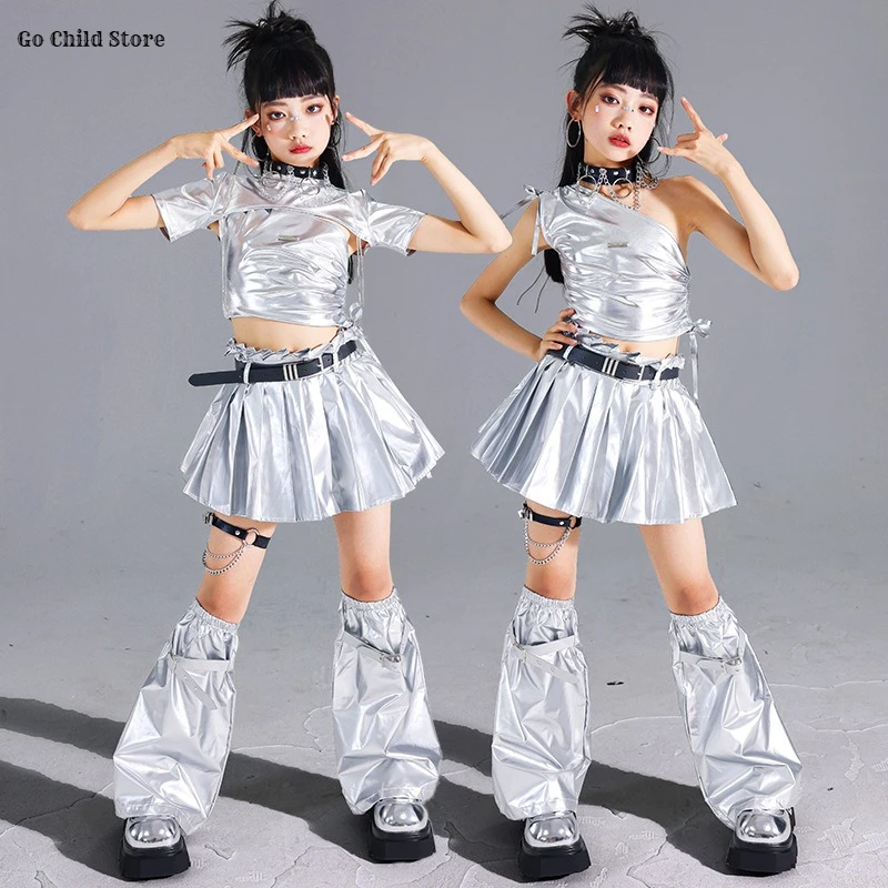Mädchen K-pop Silber Crop Top Glänzende Street Dance Röcke Kinder Hip Hop Jazz Kleidung Set Kinder Streetwear Mädchen Gruppe bühne Kostüm