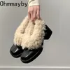 Pelzige Lammwolle Frauen Mary Jane Schuhe Elegante Karree Slip Auf Schuhe Herbst Warm Halten Damen Starke Ferse Schuhe
