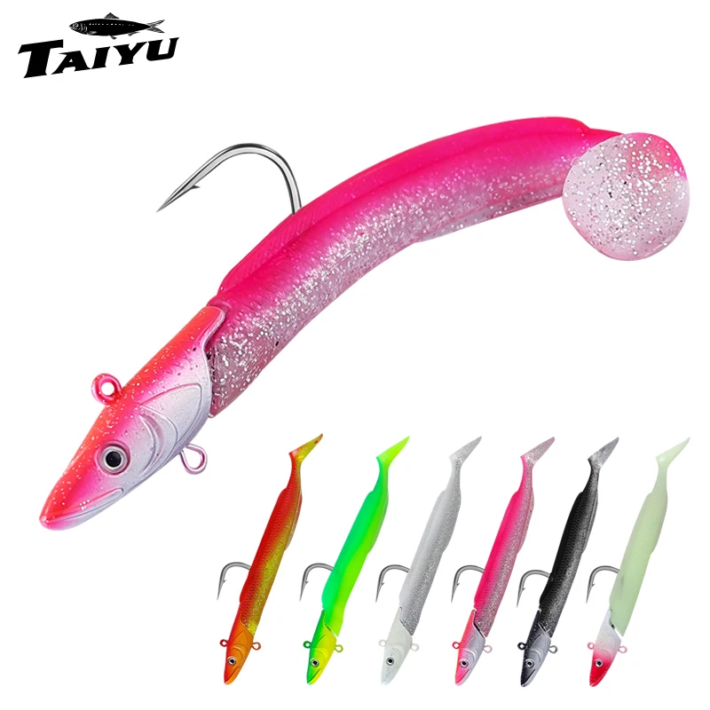TAIYU Set Leuchtköder Weichköder Aal T-Flosse 12cm 23g Langsam Sinkender Bleikopf-Lure Kunstköder für Barsch/Forelle/Hecht Image