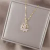 Weibliche Luxus Kristall Weiß Zirkon Stein Lotus Blume Anhänger Halskette Vintage Gold Farbe Hochzeit Schmuck Für Frauen