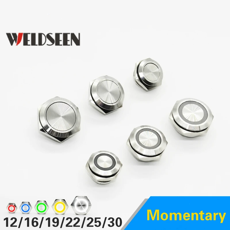 Edelstahl Push Button Switch Kurze-Werfen Selbst-Reset Momentary 12mm 16mm 19mm 22mm 25mm 30mm LED Touch Aufzug Taste Image