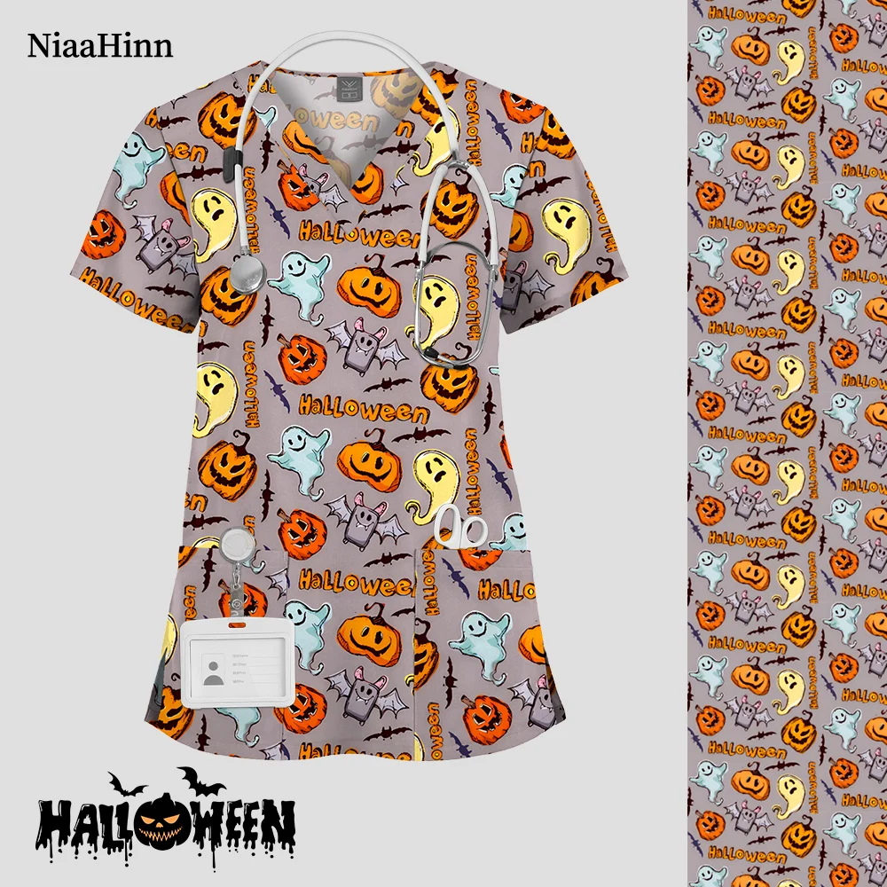 Niaahinn Halloween Gedruckt Peeling Tops Frauen Pet Klinik Arbeit Bluse Krankenschwester Zubehör Unisex Kurzarm V-ausschnitt Druck Uniform