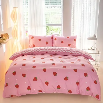3pcs/set Small Strawberry Print Duvet Cover Set(1 Duvet Cover & 2 Pillowcase）Soft And Skin-Friendly Duvet Cover Bedding Set