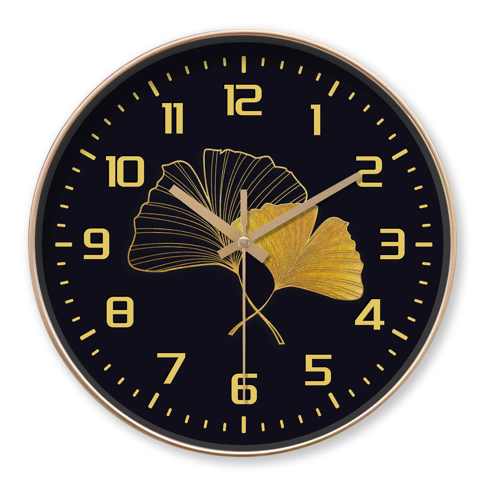 Runde schwarze – goldene Ginkgoblatt-Wanduhr, elegantes botanisches Dekor (Batterien nicht im Lieferumfang enthalten), 25,4–40,6 cm