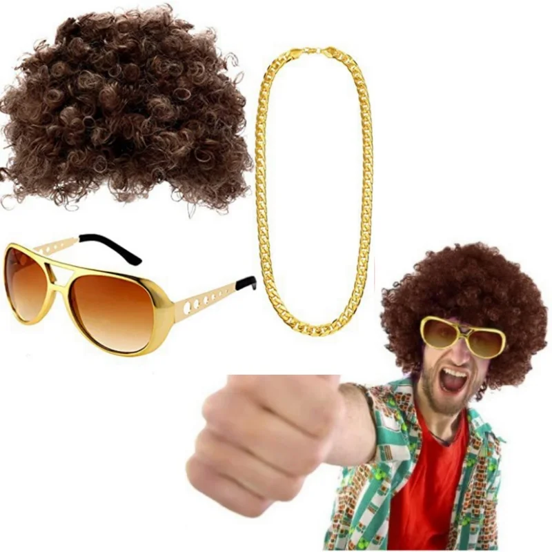 Herren Synthetische Perücke Hut Set Lockiges Haar Sonnenbrille Halskette Lustige Disco Hippie Haar Party Hip Hop Tanz Kostüm Requisiten Kostüm Image