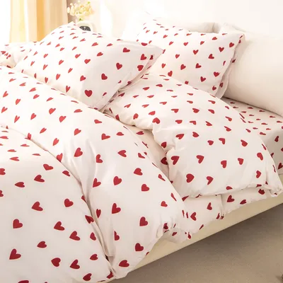 3pcs/set Small Red Heart Printed Duvet Cover Set(1 Duvet Cover & 2 Pillowcase）Soft And Skin-Friendly Duvet Cover Bedding Set For