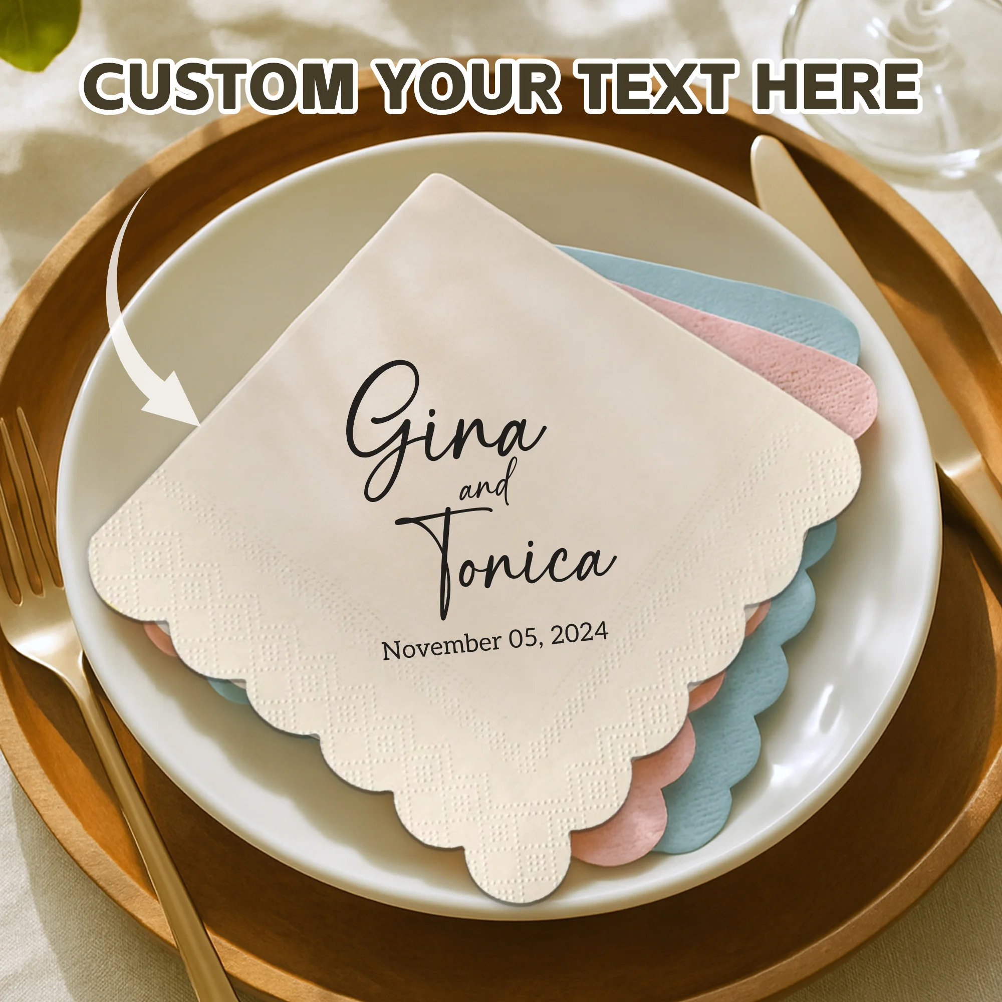 Personalisierte Papierservietten für die Hochzeit, gewellter Salbei, individuelle Servietten mit Namen, Datum, Cocktailservietten für Party, Babyparty, Dezember Image