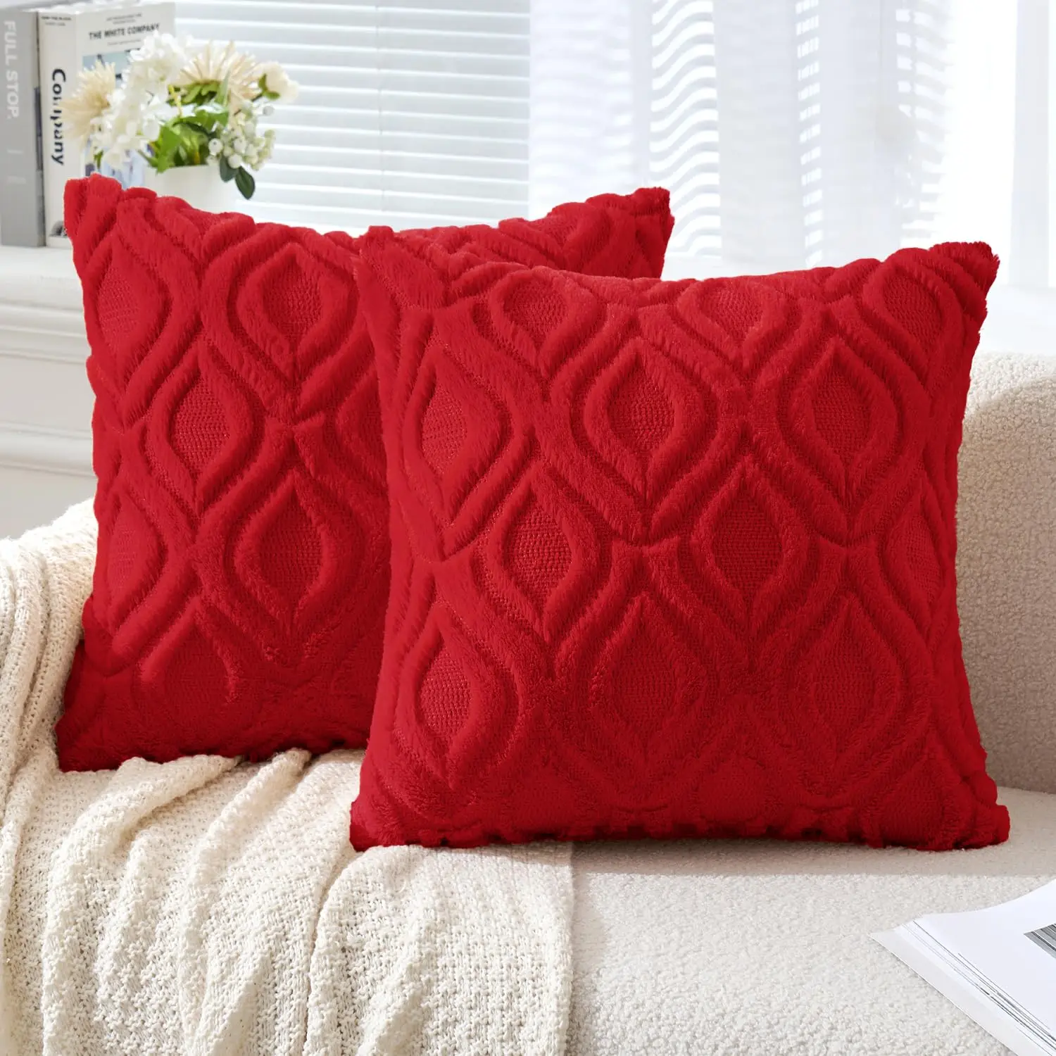 Neutrale rote Weihnachts-Kissenbezüge, dekorative weiche Plüsch-Couch-Kissenbezüge aus Kunstwolle für Sofa, Bett, Wohnzimmer Image