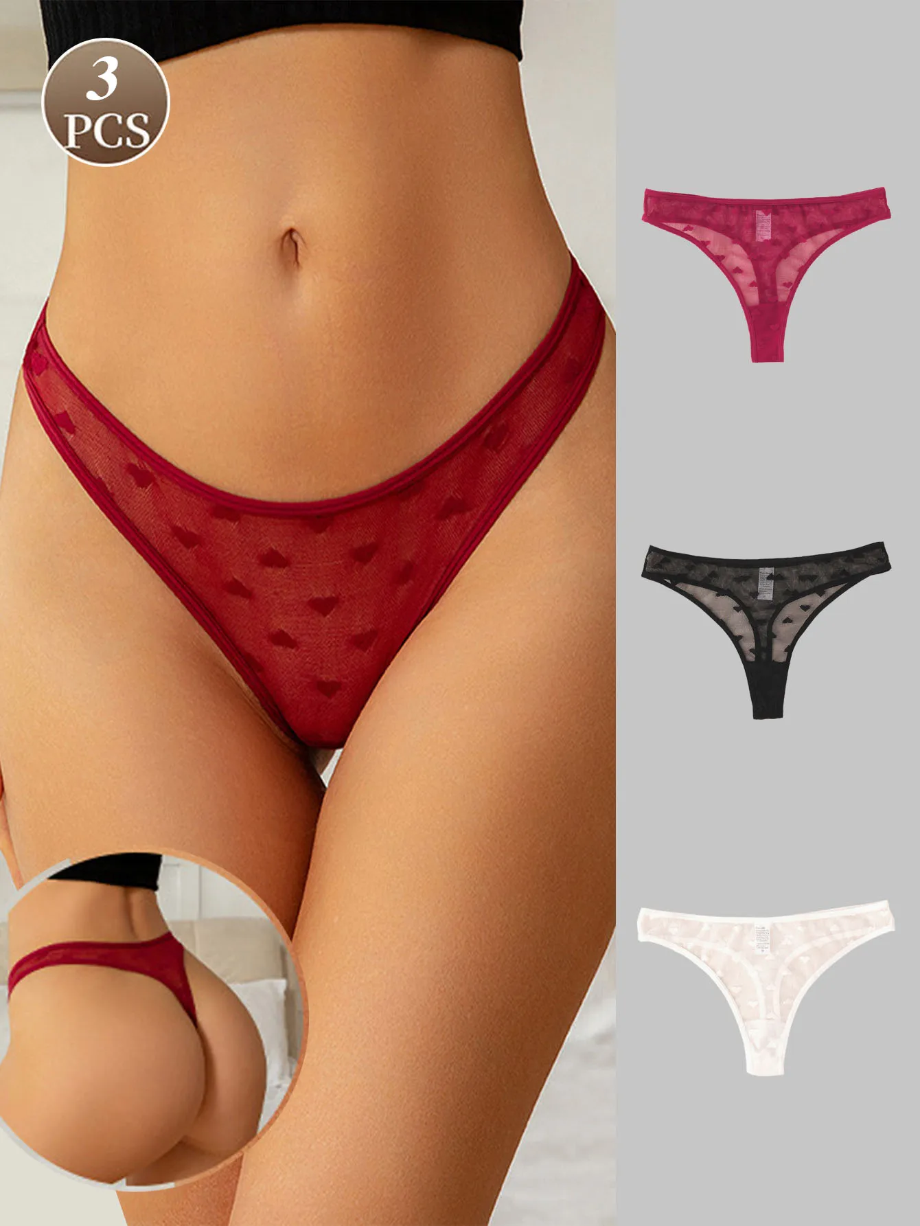 3-teilige herzförmige sexy Damen-Dreiecks-Slips aus Spitze, bequeme, atmungsaktive, spurlose Damenhöschen mit niedriger Taille. Image