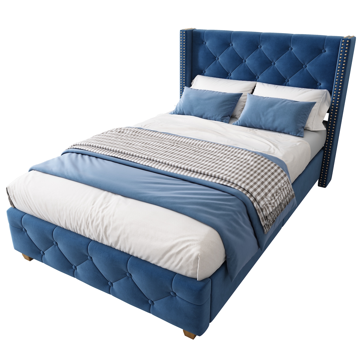 OKWISH Luxuriöses Samt-Polsterbett 90X200 mit Knopf-Tufting, Nietenverzierungen und verstärkten Bettbeinen – Elegantes Design für maximalen Komfort Grau Image