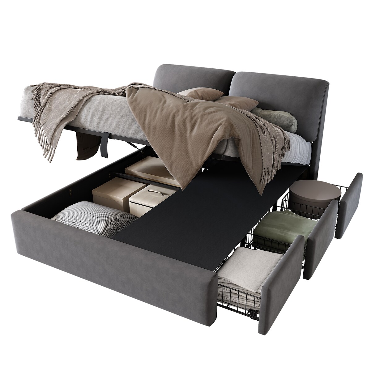 OKWISH Polsterbett 190x140 cm Grau mit Bettkasten und 3 Schubladen Samtstoff hydraulisches Stauraumbett verstellbares Kopfteil stabiler Lattenrost Image