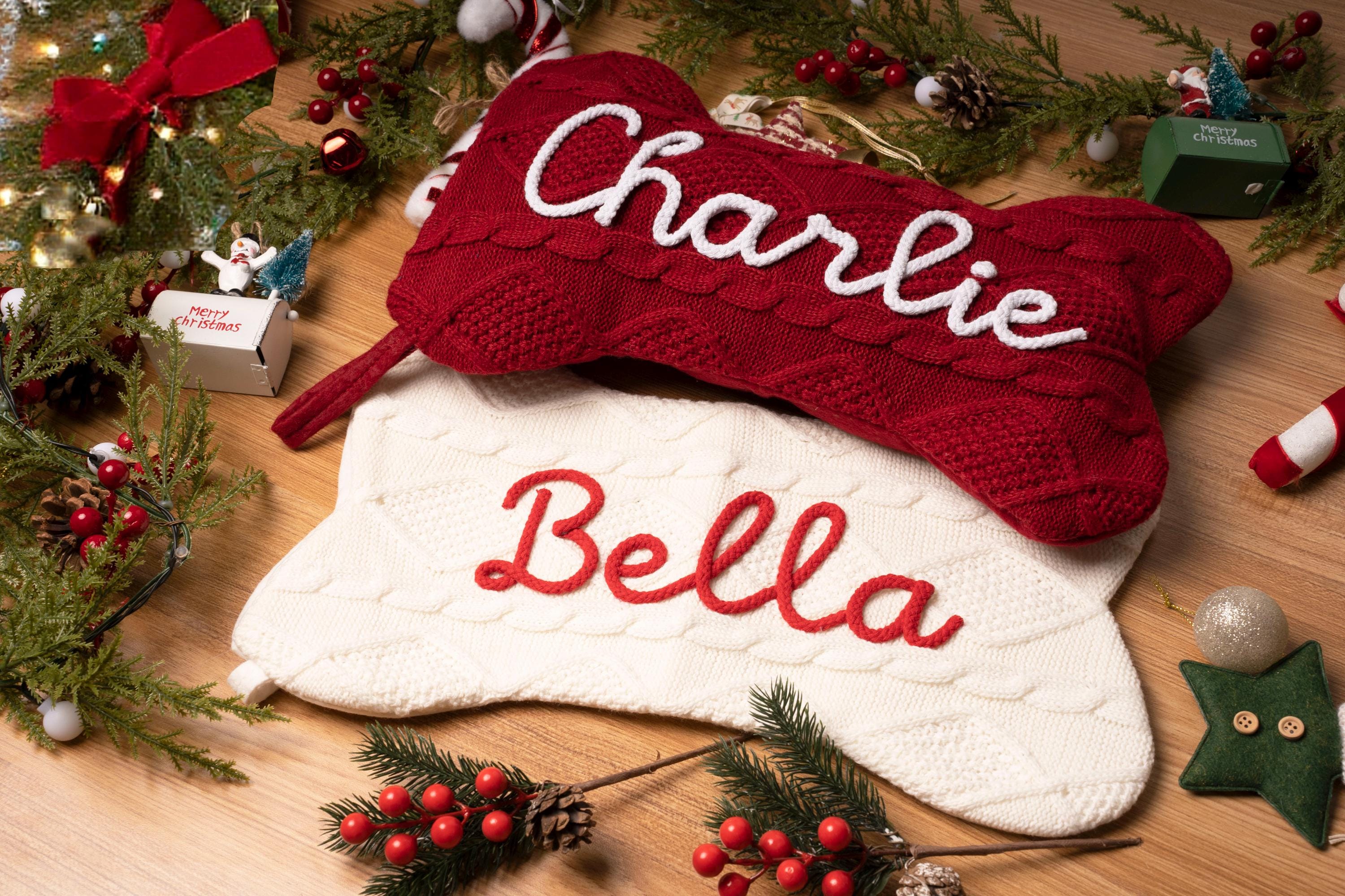 Calza natalizia a forma di osso per cani personalizzata con nome, calza natalizia lavorata a maglia per animali domestici, calza natalizia a forma di