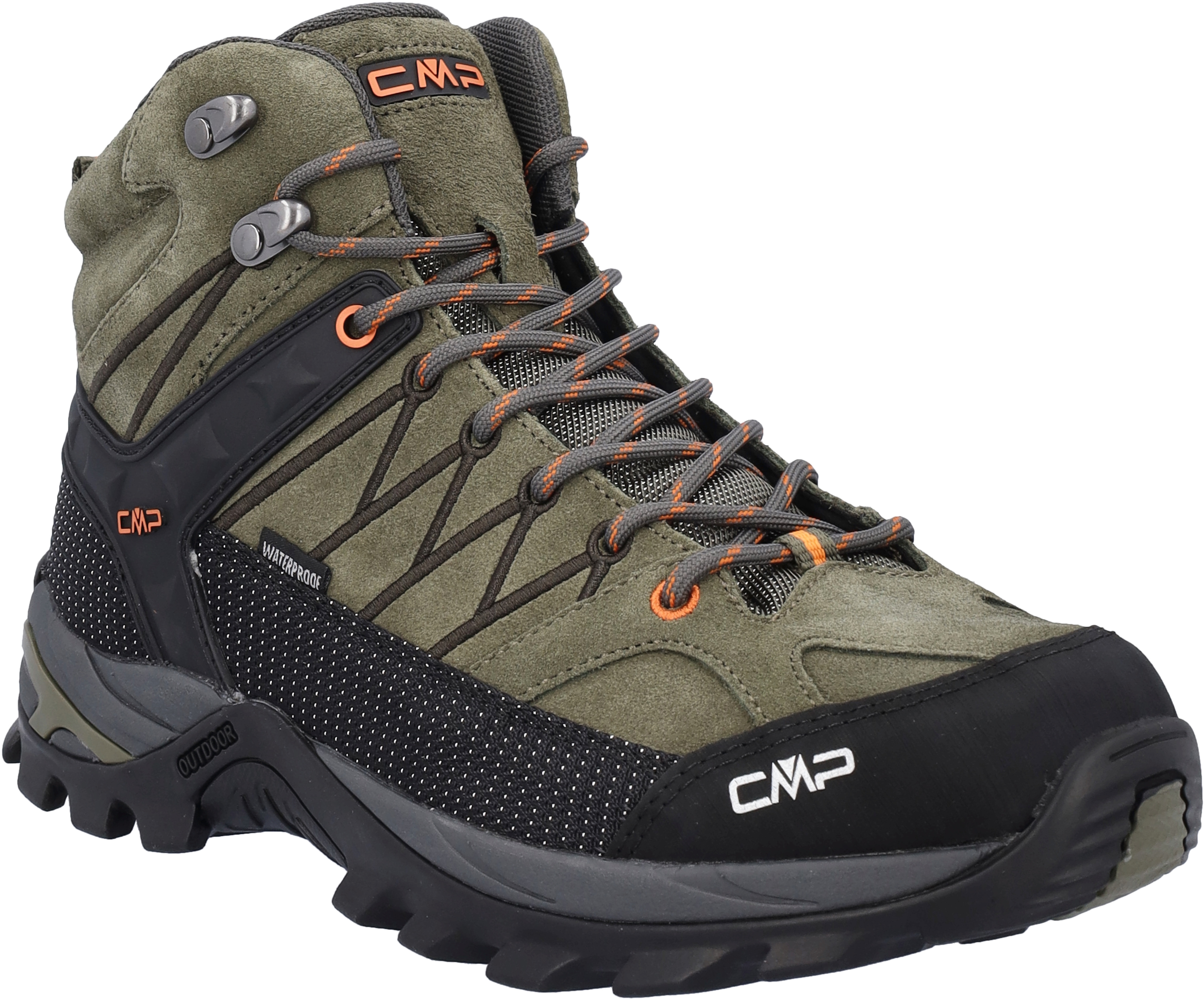 Wanderschuh CMP "RIGEL MID TREKKING SHOES WP", Gr. 45, grün (olive, flame), Leder, Schuhe, wasserdicht