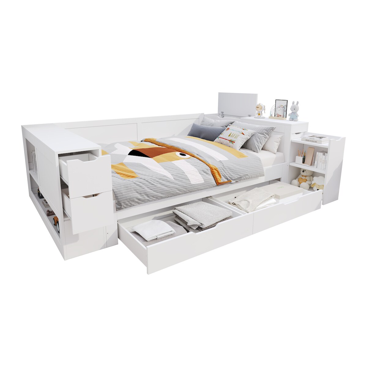 OKWISH Multifunktionales Tagesbett mit Stauraum und Schublade aus Holz in Weiß, flexibel als Sofa oder Schlafbett nutzbar 200x140 cm Weiß Image