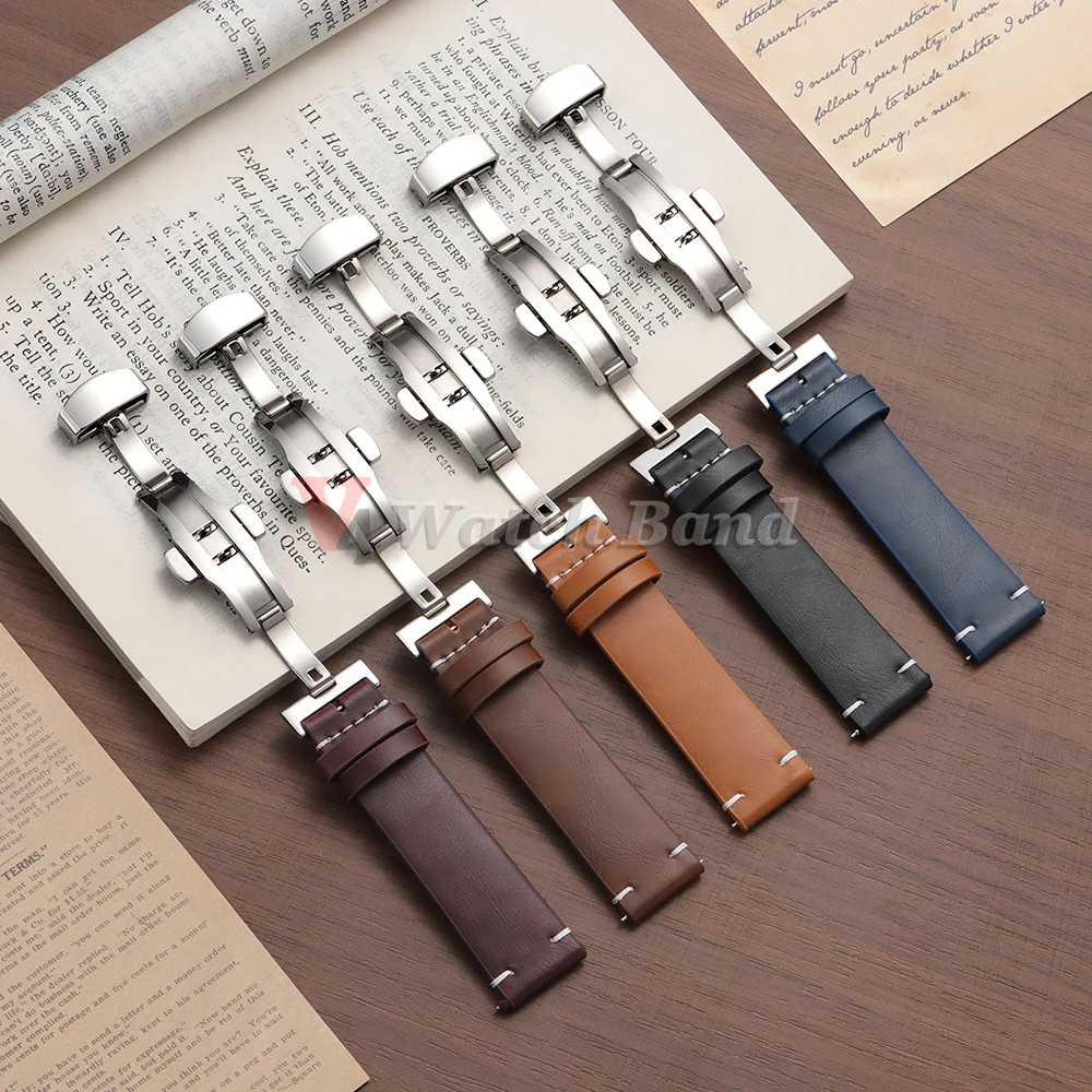 Schnellverschluss-Uhrenarmband, 22 mm, 20 mm, 18 mm, Schmetterlingsschnalle, Nähte, braunes Armband, Kalbsleder-Uhrenarmband für Omega Business für Seiko Image