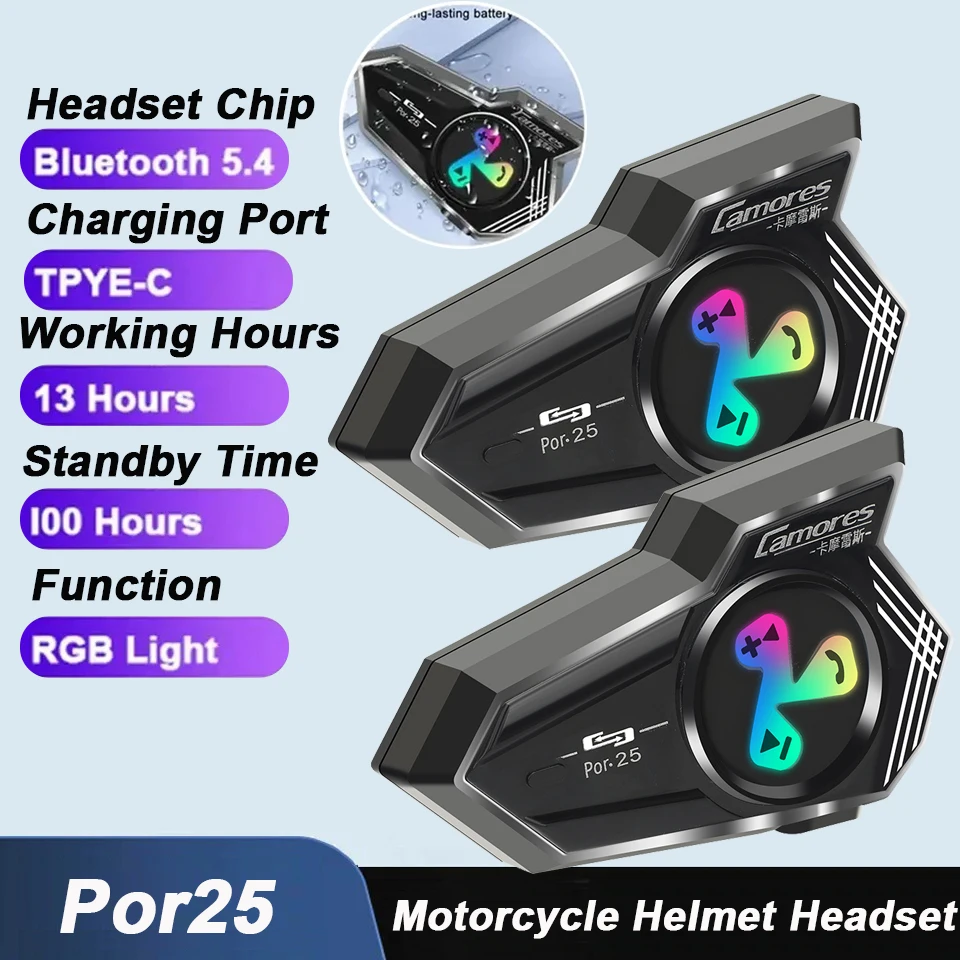 1/2 stücke Por25 Motorrad Helm Headset Bluetooth 5,4 Drahtlose Kopfhörer Freisprecheinrichtung Mic Kopfhörer Musik Player Moto Helm Image
