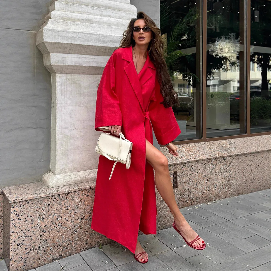 Robe longue en lin rouge pour femmes, élégante, portefeuille, Maxi, revers, manches Kimono, ceinturée, élégante, Chic, nouvelle collection automne 2025