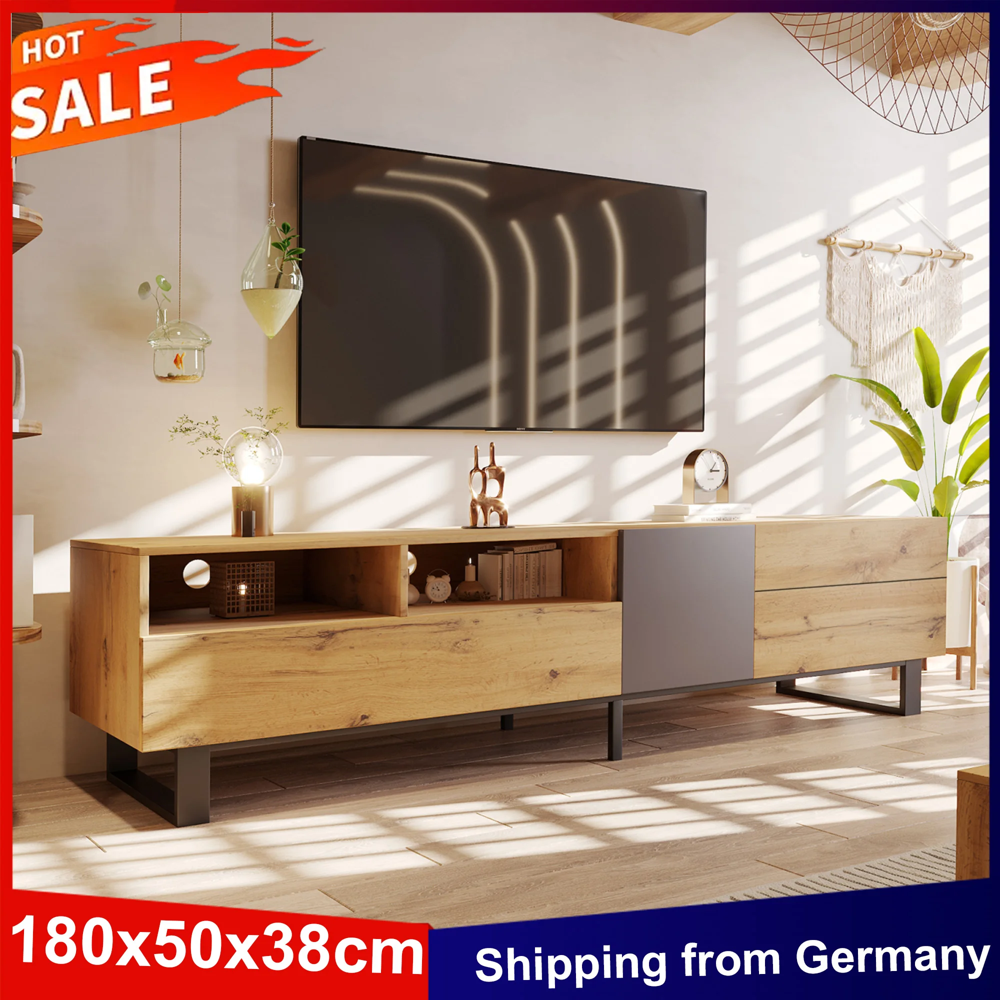Anajqaqia 180 x 50 x 38 cm TV-Schrank mit 2 Türen und 2 Schubladen, farbblockierendes TV-Lowboard, moderner TV-Ständer für Wohnzimmer, Schlafzimmer