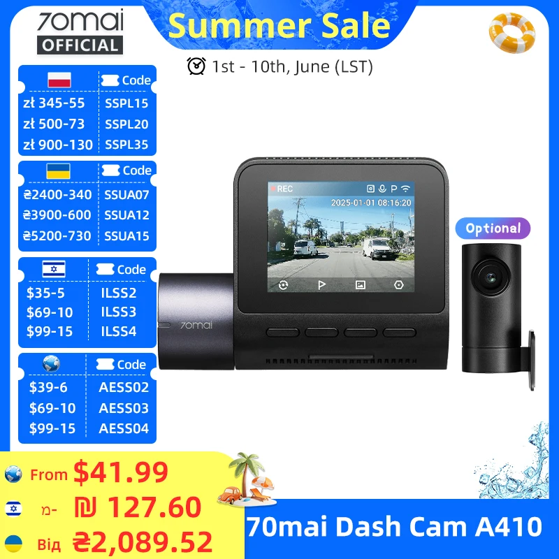 70mai Dashcam A410 True 2.5K HDR Zweikanal unterstützt F1.55 Blende GPS 24H Parkplatz Max. 256GB Auto DVR 70mai A410 70mai A400 Image