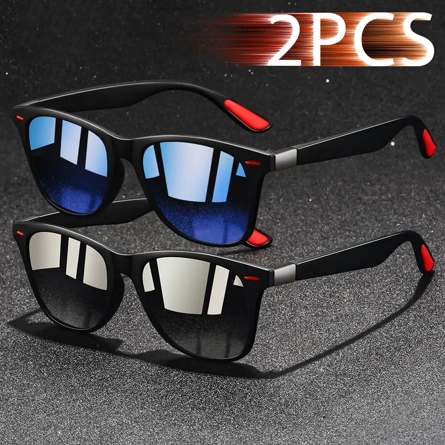 2 Stück modische quadratische Sonnenbrillen für Herren und Damen, trendige, farbenfrohe, leichte Fahrbrillen, Outdoor-Schutz Image