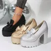 Bowknot Dekor Chunky High Heel Pumps Frauen Gold Silber Gothic Plattform Faulenzer Frau Mode Quasten Dicken Absätzen Party Schuhe