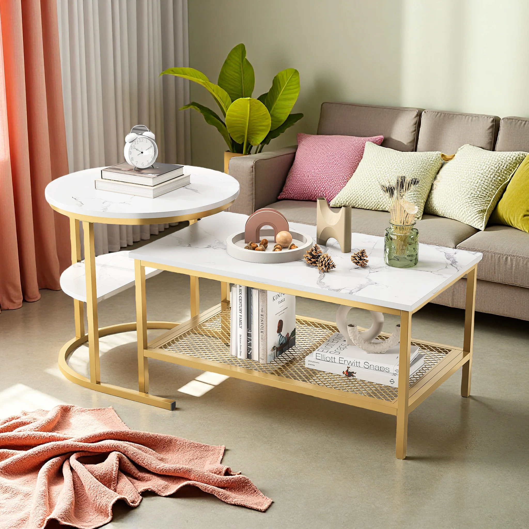 Ensemble de 2 tables basses Rosahqnda, table basse avec cadre en métal et étagère, table de salon moderne, table d