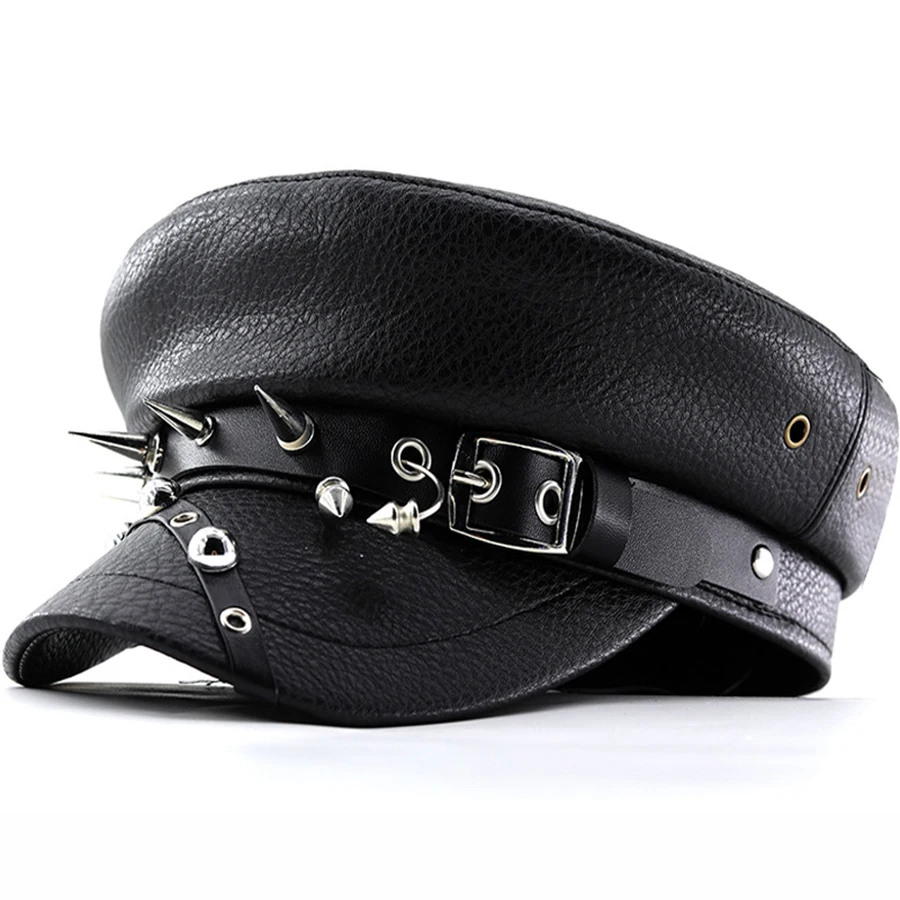 Damen Punk Y2k Trendy Baskenmütze Schwarz Pu Cool Punk Skull Spike Cap Leder Flat Top Captain Military Caps Damen Accessoires