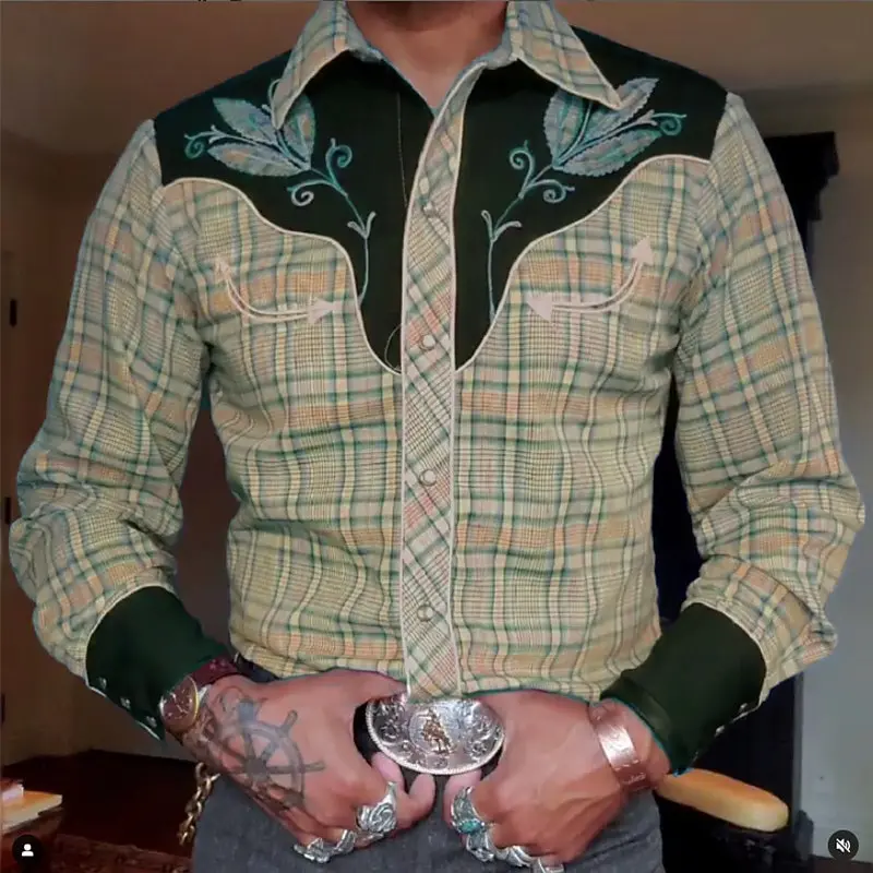 Camicia con stampe grafiche scozzesi da uomo retrò Camicia occidentale Camicia da cowboy Camicia a maniche lunghe Top da uomo casual Camicia con colletto con stampa 3D