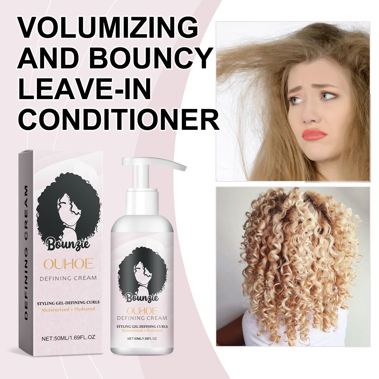 Lockenverstärkende Creme für welliges, lockiges Haar, feuchtigkeitsspendende Styling-Creme, Volumen- und Bounce-Lave-Conditioner für krauses, trockenes Haar, 50 ml Image
