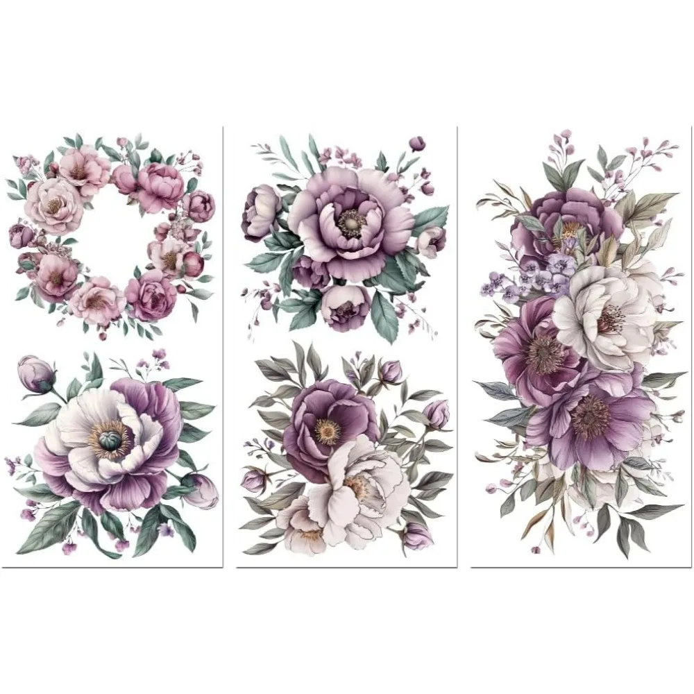 Reiben Sie den Transferaufkleber für Möbel, Basteln, Dekor, 15,2 x 30,5 cm, rosa und lila Blumen, 3 Stück, wasserfest, UV-DTF-Transfer Image