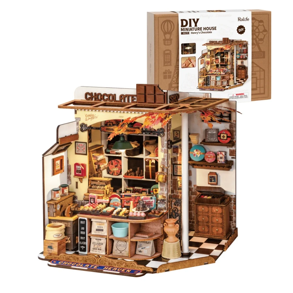 Robotime Rolife Kit casa in miniatura fai-da-te al cioccolato di Henry Kit di costruzione di modello di casa delle bambole in legno con regali artigianali a LED per adulti